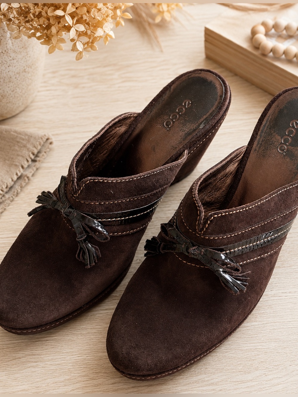 ECCO Brown Suede Tassel Mule Clogs Wedge Slip-On Shoes EU 41 US 10